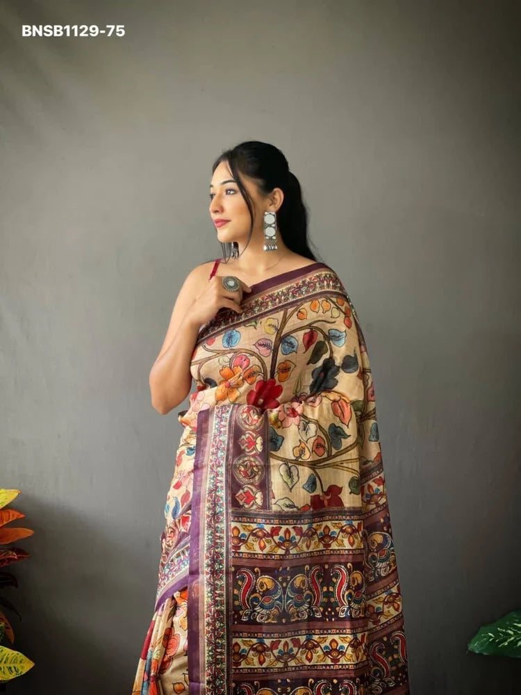Kalamkari Cotton Saree with Blouse Piece | 6 Meter Printed Cotton Saree for Women