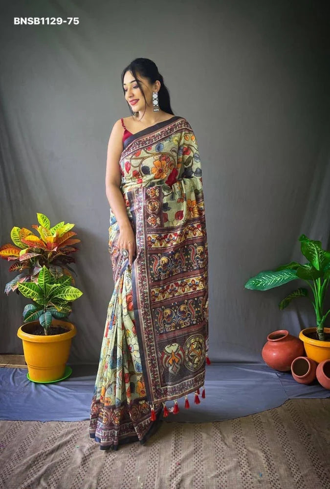Kalamkari Cotton Saree with Blouse Piece | 6 Meter Printed Cotton Saree for Women