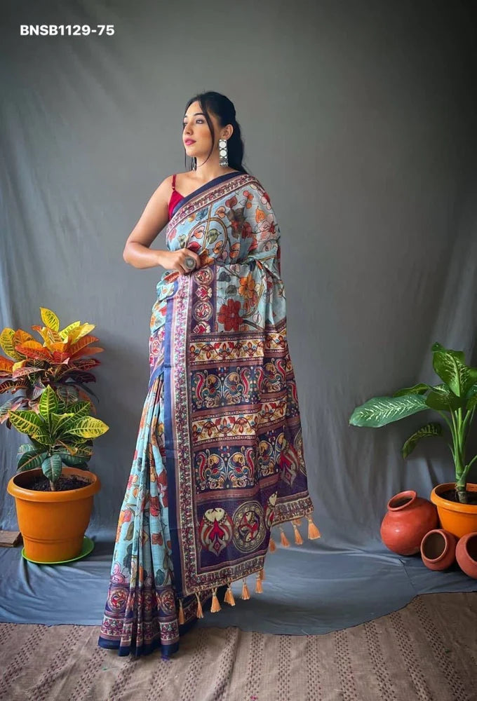 Kalamkari Cotton Saree with Blouse Piece | 6 Meter Printed Cotton Saree for Women