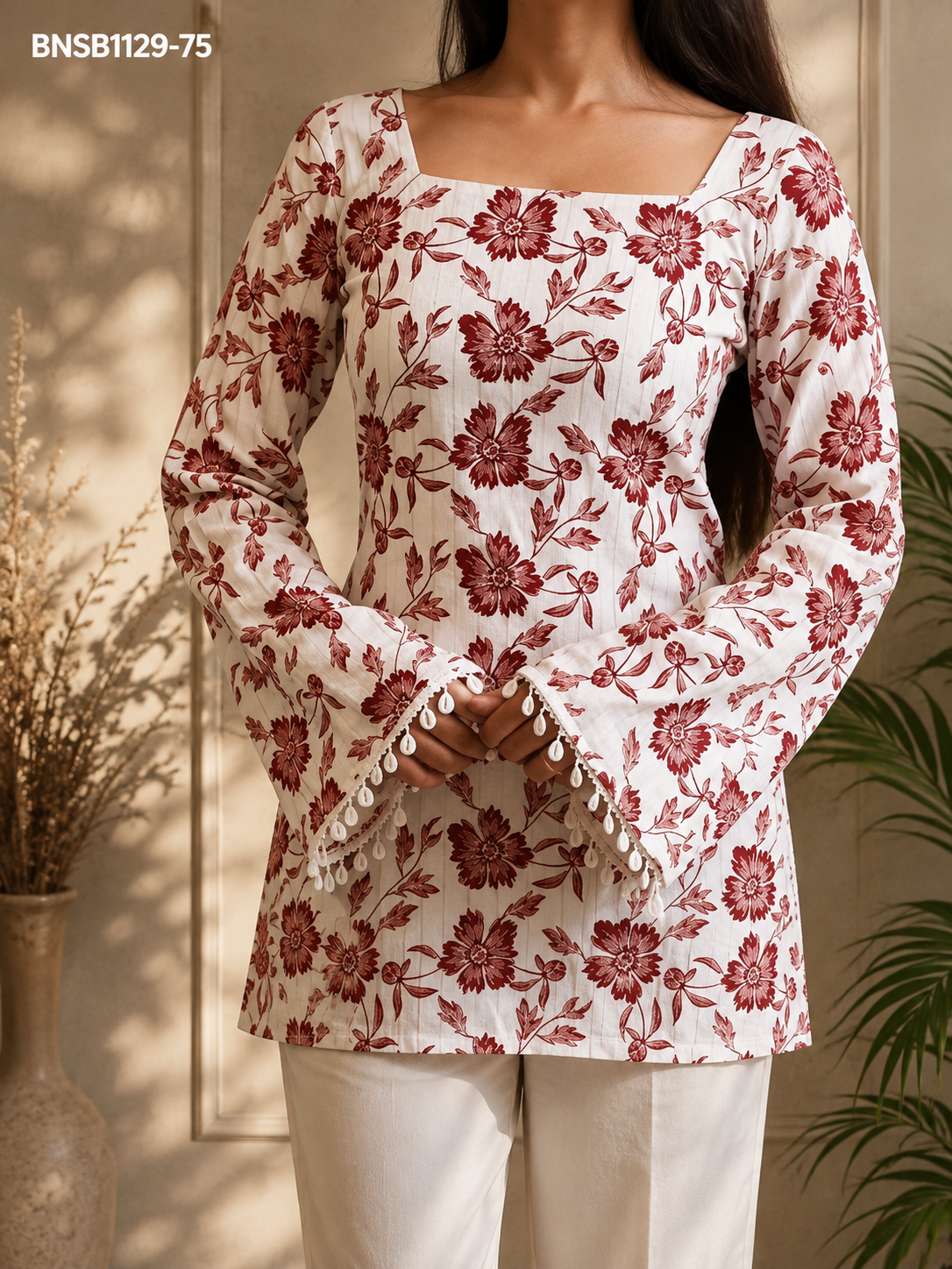 Women's White Floral Printed Kurti | Viscose Rayon A-Line Kurta | Full Sleeve Ethnic Top