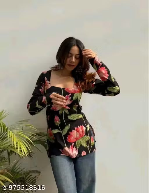 Black printed top for women and girls sort kurti party and festival wear