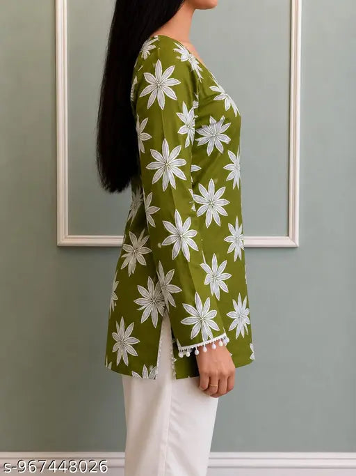 Women's White Floral Printed Kurti | Viscose Rayon A-Line Kurta | Full Sleeve Ethnic Top