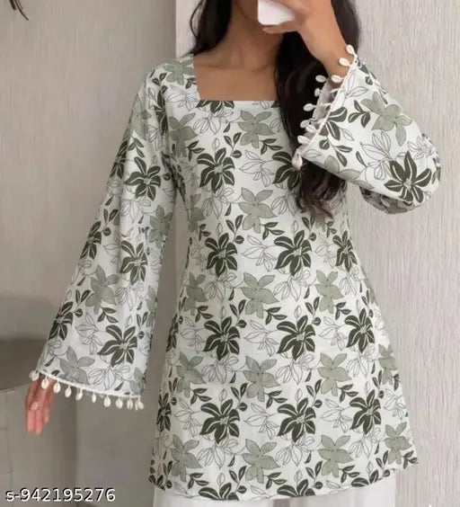 Women's White Floral Printed Kurti | Viscose Rayon A-Line Kurta | Full Sleeve Ethnic Top