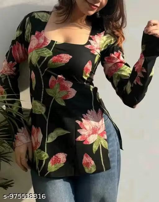 Black printed top for women and girls sort kurti party and festival wear
